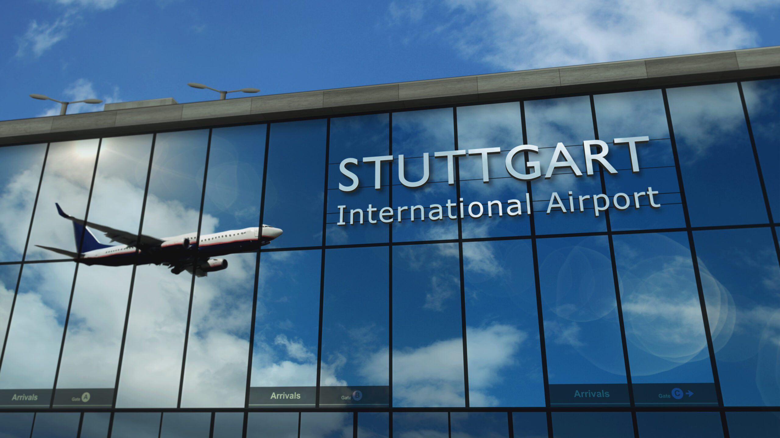 Flugzeug landet in Stuttgart auf dem Flughafen